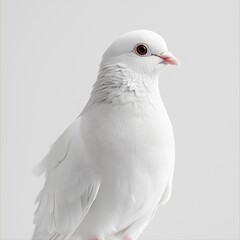 Fototapeta premium Close-up of a white pigeon with red eyes on a light gray background, looking to the right