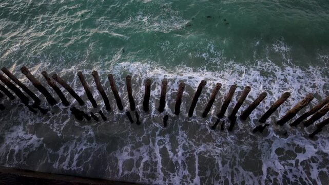 Wooden groynes of Saint-Malo at sunset