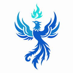 Naklejka premium Stunning Flat Vector Illustration of a Single Blue Phoenix Rising, Minimalist Tribal Mythical Bird Graphic in Cyan and Indigo Tones, Symbol of Rebirth and Strength Isolated on White Background