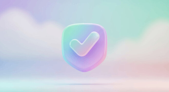 3D Shield Icon with Checkmark, Security, Success, and Approval Symbol on Abstract Background