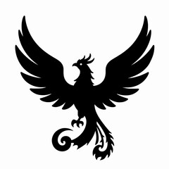 Naklejka premium Minimalist Black Silhouette of a Single Mythical Phoenix Rising with Expansive Wings, Flat Vector Illustration of a Legendary Fire Bird Symbolizing Rebirth and Strength, Isolated on White