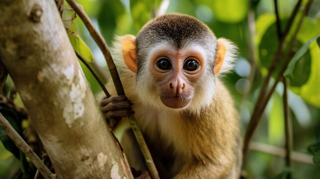 Curious baby monkey clings to a branch amid lush green tropical foliage