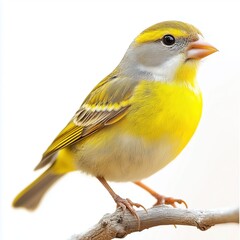 Fototapeta premium A vibrant greenfinch perched on a branch, showcasing its bright yellow and grey plumage against a clean white background.