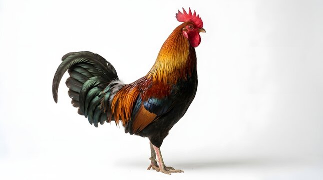 Rooster standing alone on white background.