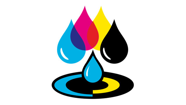 CMYK color palette vector icon illustration featuring cyan, magenta, yellow, and black ink drops falling into a colorful ripple, perfect for printing, graphic design, and color theory concepts.