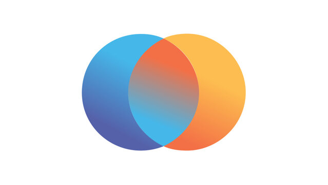 Minimalist vector illustration of two overlapping circles representing color theory and harmony. Features blue and orange gradients creating a Venn diagram effect. Scalable AI-generated icon.