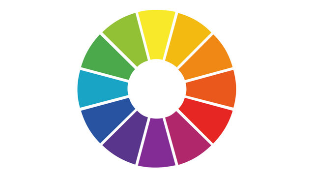 Vibrant color wheel vector icon illustration featuring a spectrum of rainbow gradients in a circular arrangement. Minimalist flat design for graphic design, art theory, and creative projects.