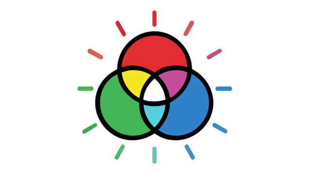 Colorful vector illustration of an additive color theory Venn diagram icon with red green and blue circles overlapping to create secondary colors and white light, minimalist flat design style.