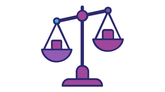 Modern vector icon illustration of a balance scale with weights, featuring a vibrant blue and purple gradient. Perfect for representing justice, law, equality, and color theory design concepts.