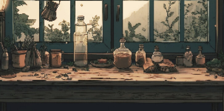 Herbalist window view with potions and herbs on the counter pixel game art 
