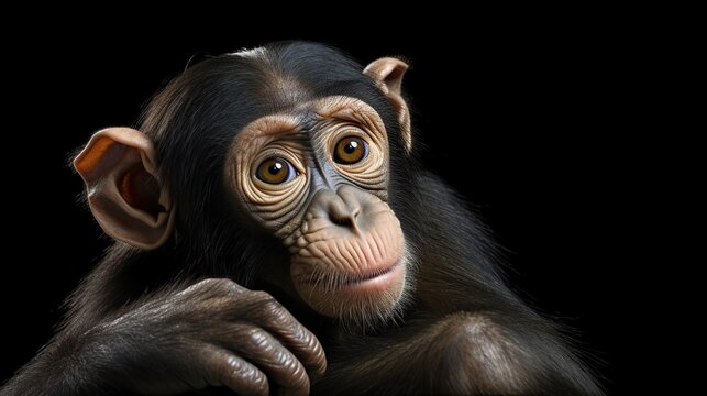 Adorable young chimpanzee with inquisitive gaze against a dark background