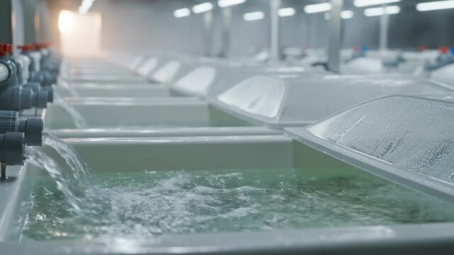Rows of clean hatchery or aquaculture tanks receiving flowing water in a humid indoor facility, suggesting controlled cultivation, biosecure operations, and modern aquatic production systems