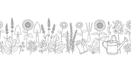 Obraz premium Gardening Tools and Flowers Seamless Border - Hand Drawn Sketch Illustration