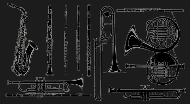 Musical Instruments Blueprint: Saxophone, Trumpet, Clarinet, Flute, Trombone, French Horn