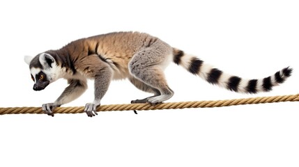 Fototapeta premium Curious Ring Tailed Lemur Perches Delicately on a Thick Rope in a Studio Setting