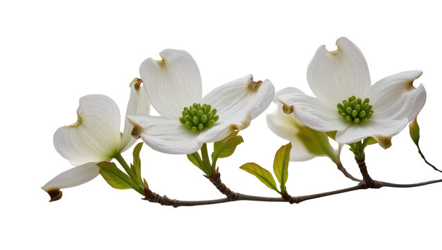 Isolated dogwood flowers blooming on a branch with fresh green leaves, springtime nature