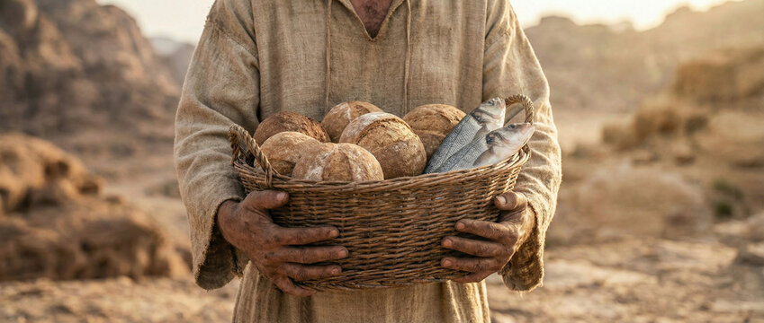 Biblical concept of the miracle of feeding the 5000: five loaves and two fishes in a woven basket held by a man in ancient clothing against a rocky desert background. Christian gospel story
