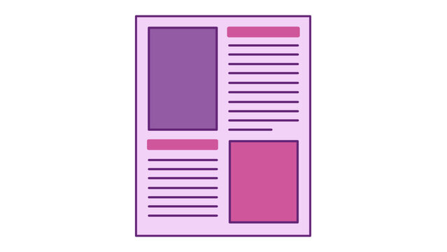 Minimalist flat vector illustration of a multi-column page layout icon featuring text sections and image placeholders, perfect for editorial design, web development, and digital publishing.
