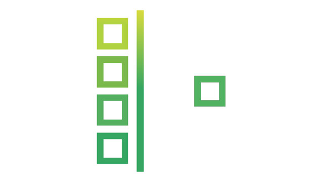 Minimalist vector icon illustration of a page layout grid system with a column of square blocks and a separate element, featuring a vibrant green and yellow gradient design for web UI.