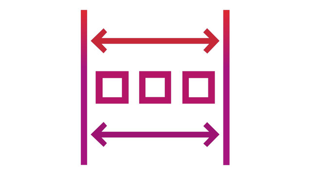 Vibrant red and purple gradient vector icon illustration of a grid system and page layout design, featuring horizontal arrows and square elements for web development, UI/UX, and graphic design.
