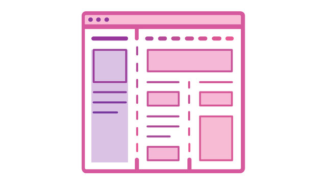 Modern vector illustration of a website page layout icon featuring a sidebar, grid structure, and dashed dividers in a vibrant purple to pink gradient for UI/UX design and web development.