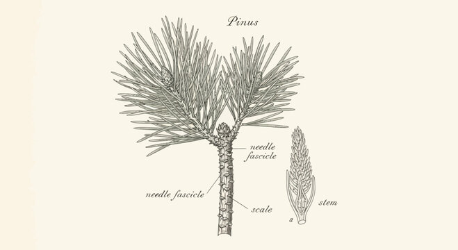 Pine Tree Branch and Needle Fascicle Botanical Illustration
