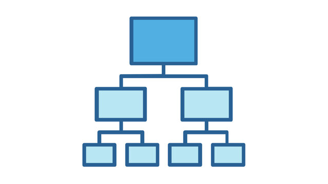 Modern flat vector icon illustration of a hierarchical tree diagram or organizational chart structure, representing page layout, site maps, business hierarchy, and data organization in blue.