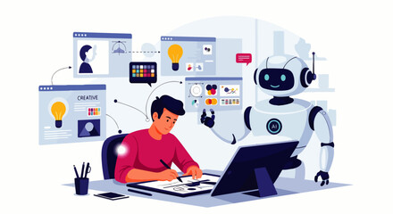 Naklejka premium Flat vector illustration of an AI robot helping a young man in creating graphic designs on a computer or tablet. Concepts of artificial intelligence, the creative process, and human-AI collaboration.