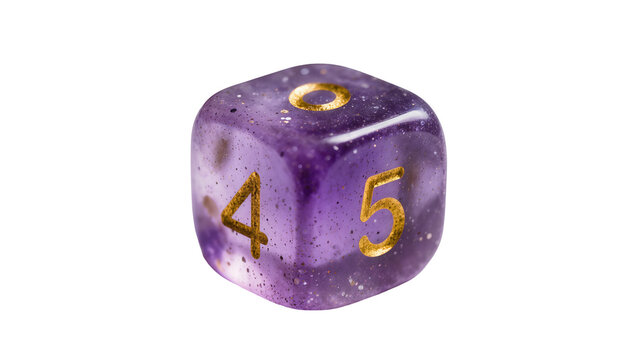 Isolated shimmering purple dice for tabletop games, showing numbers zero, four, and five.