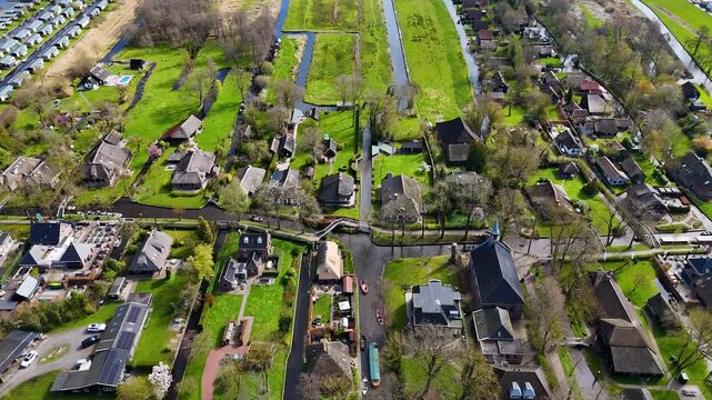Aerial drone shots of the water village of Giethoorn Overijsel Netherlands