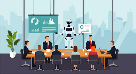 Obraz premium Flat vector illustration of a humanoid AI robot presenting business data and charts to an audience in a meeting room. Concept of artificial intelligence, business strategy, and teamwork.