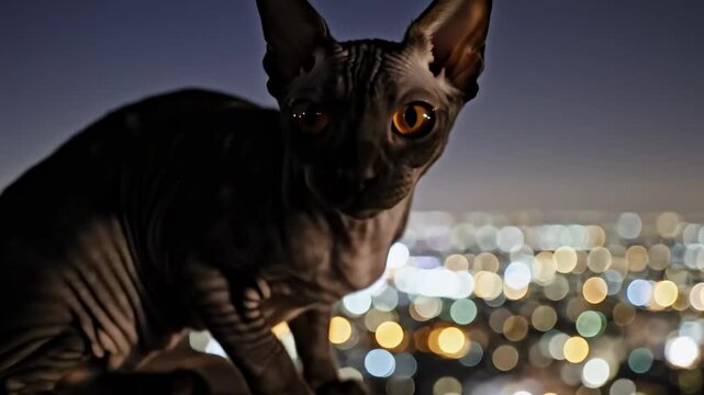 Night rooftop silhouette of a hairless sentinel above luminous bokeh, black cats with orange eyes reimagined through urban skyline glow, alert posture, moody metropolitan nocturne and distance