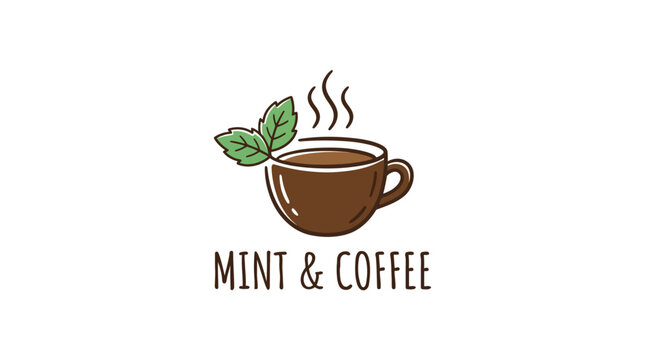 Mint and Coffee Logo Design with Steam Mint Leaves and Cup