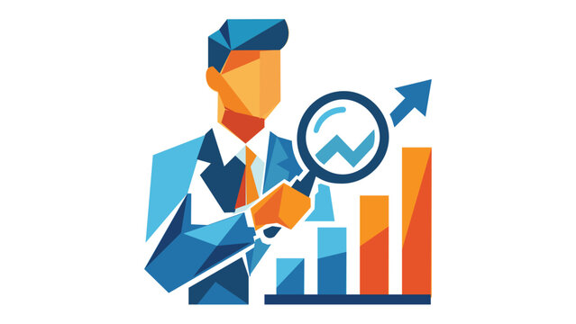 Business consultant vector illustration featuring a professional man analyzing financial growth charts with a magnifying glass. Geometric low poly style icon for data analysis and market research.