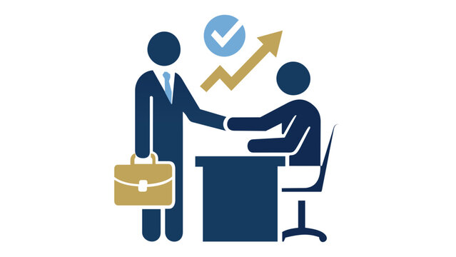 Professional business consulting vector icon illustration featuring two figures shaking hands at a desk with an upward growth arrow and checkmark, representing successful optimization and deals.