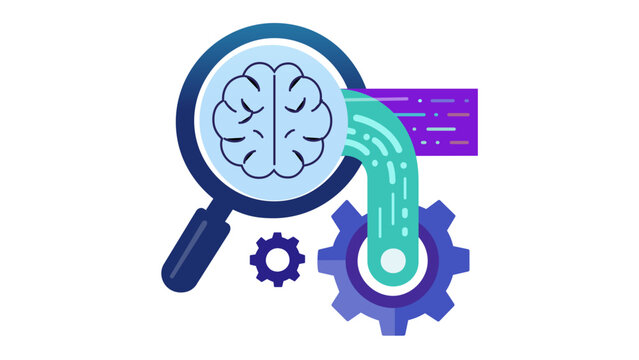 Business consulting and data analysis vector illustration featuring a magnifying glass over a human brain connected to digital code and mechanical gears for machine learning and AI concepts.