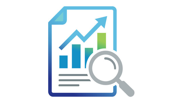 Business consulting vector icon illustration featuring a financial report document with a rising bar chart, upward arrow, and magnifying glass for data analysis, growth, and market research.
