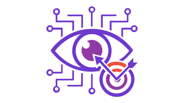 Business consulting vector icon illustration featuring a digital eye, circuit network lines, and a target with an arrow, symbolizing strategic vision, data analysis, and AI technology.