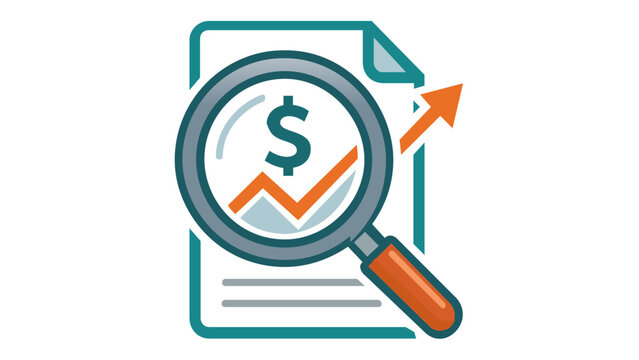 Business consulting vector icon illustration showing a magnifying glass over a financial document with a dollar sign and an upward growth arrow, representing corporate audit and market analysis.