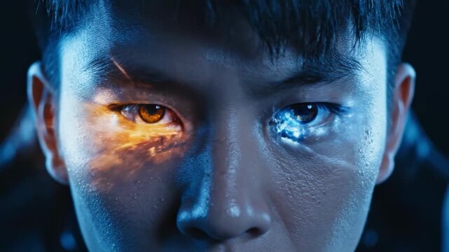 Close-up of a man's face with futuristic glowing eyes, representing technology and innovation.
