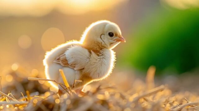 Adorable fluffy chick bathed in golden sunlight on a farm