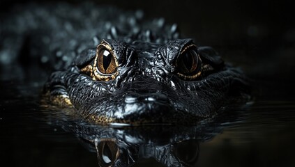 Fototapeta premium Close-up of a black alligator's face with golden eyes peeking out of dark water, showcasing its scaly skin and fierce gaze.