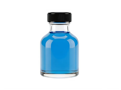 Small bottle of bright blue ink with black cap and dropper top isolated on transparent background png.