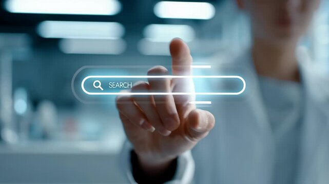 Search engine hologram technology with finger pointing on virtual interface screen in futuristic digital and virtual search bar concept