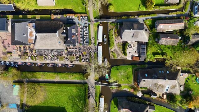 Aerial drone shots of the water village of Giethoorn Overijsel Netherlands
