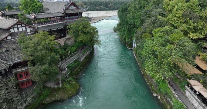 Aerial footage of landscape in dujiangyan, Sichuan province,China