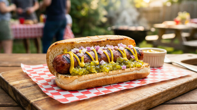 Grilled bratwurst in a bun with mustard relish onions on picnic