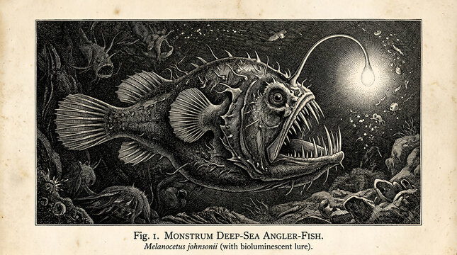 A fearsome deep-sea anglerfish uses its bioluminescent lure in the ocean depths.