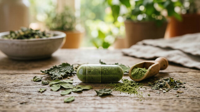 Herbal matcha supplement capsule and green tea powder