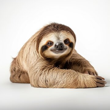 An Endearing Sloth Posing Lazily with Soft Brown Fur Against a Bright White Studio Background